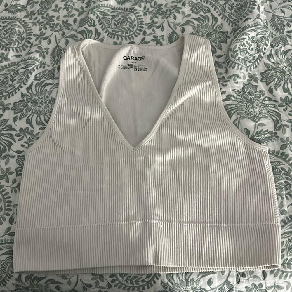 White garage v neck crop top